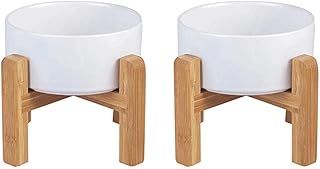 White Ceramic Elevated Raised Dog Bowls - Dog Food Dish with Stand - Double Raised Dog Food and Water Bowls Anti Vomiting - Pet Bowl with Anti Slip Rubber pad - Stress Free for Medium Dogs -set of 2