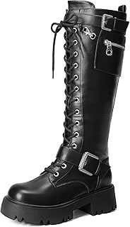 DREAM PAIRS Women's Knee-High Boots, Comfortable Chunky Block Heel Pointed Toe Pull On Side Zipper Suede Slouch Riding Boots