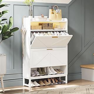 Shoe Storage Cabinet with 2 Flip Drawers, Narrow Shoe Cabinet Storage for Entryway, White, 24 cm (D) x 83 cm (W) x 120 cm (H)