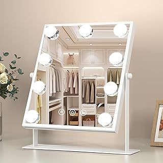 FUNTOUCH Makeup Mirror with Lights, Hollywood Vanity Mirror with 3 Colors Lighting Modes, Touch Control, 360°Ratation, Dimmable 9 LED Bulbs Lighted Makeup Mirror for Dressing Room & Bedroom (White)