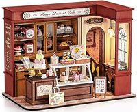 ROBOTIME DIY Miniature House Kit with LED and Furniture Dessert Shop, Wooden Dollhouse Model Building Kit Gift for Children and Adults