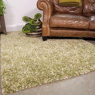 Fern Green Speckled Thick Shaggy Shag Rug Beige Mottled Mixed Fluffy Warm Living Room Area Bedroom Rugs