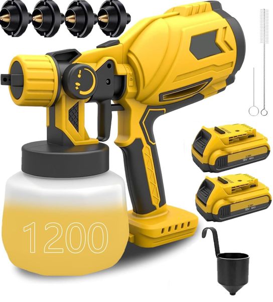 Cordless Paint Sprayer Fit for Dewalt 18V 2x 3.0AH Battery,1200ml Container, with 4 Nozzles and 3 Patterns,for Fencing Decking Wall Ceilings Home Furniture