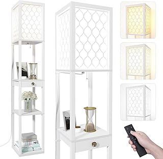 Jehiatek Floor Lamp with Shelves, E27 LED Bulb Tall Standing Light with Remote, Modern Reading Lamp with a Drawer Storage, for Bedroom, Living Room, Office, 160cm, White