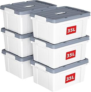 Cetomo 35L*6 Storage Boxes, Carry Plastic Storage Box with Lids, Organizing Container with Handle and Secure Latching Buckles, Stackable, Nestable, Tote Bin for Home Office Clothes, 35L-6Pack, White
