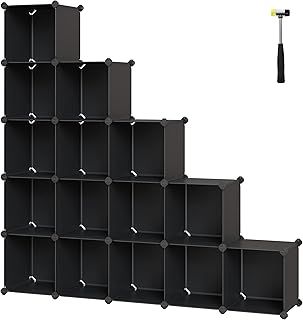 SONGMICS 16-Cube Storage Unit, Shoe Rack, DIY Shelving System, Stackable Cubes, PP Plastic Shelf, Wardrobe, Closet Divider, for Bedroom, Office, 31 x 123 x 123 cm, Black LPC44BK