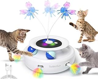 3-in-1 Interactive Cat Toys for Indoor Cats 2000mAh Type-C Rechargeable Power Balls & Handmade Butterfly Cat Feather Toy Auto On/Off, Cat Teaser with 6 Attachments, Bright White