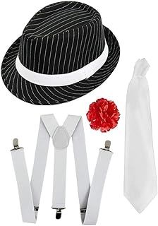 1920S MOB GANGSTER FANCY ACCESSORY SET. BLACK PINSTRIPE TRILBY HAT + WHITE BRACES + WHITE TIE. MOB GANGSTER AL CAPONE GREAT GATSBY 1920S ACCESSORIES. HAT COLOUR: BLACK | SIZE: ONE SIZE