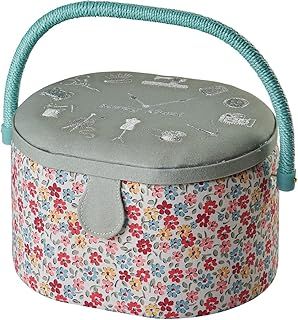 Sewing Box Oval Storage Basket | Floral Fabric | 24 x 20 x 15cm | Organiser with Compartments - GA1124M
