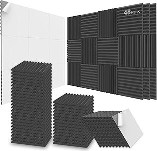 48 Pack Acoustic Foam Panels, 30×30×2.5 cm Self-Adhesive Sound Proofing Panels for Home Office Studios, BLACK