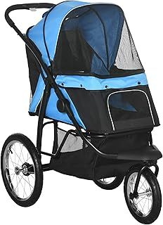 PawHut Dog Pram Dog Stroller Jogger Foldable Pet Pushchair for Medium, Small Dogs, w/Rubber Wheels, Washable Cushion - Blue