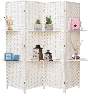 INMOZATA Room Divider with Shelves, 4 Panel Wicker Room Divider Free Standing, Folding Screens and Room Dividers Screen Privacy Panel for Office Bedroom Restaurant, 160 * 170cm (White)