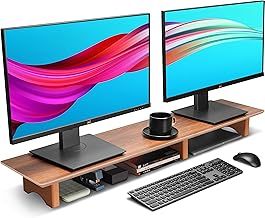 Aothia Dual Monitor Stand Riser,Wooden Desktop Organizer Stand with Sustainable Cork Block Legs Supports Heavy Computers/TV/PC,Perfect Shelf Organizer for Office (Black Walnut, Large)