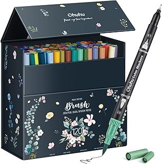 Ohuhu 120 Colours Colouring Pens, Dual Tip Felt Tip Pens with Fineliner Art Markers Set for Adults Colouring Book Drawing Calligraphy Sketching Journal, Art Gift, Maui - Black