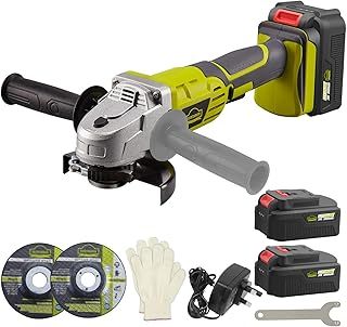 Cordless Angle Grinder, DEWINNER 2 * 3000mAh 20V Li-Ion Batteries & Fast Charger, 2-Position Adjustable Auxiliary Handle, Electric Brake, 1 Cutting &1 Grinding Wheel for Carpenter, Builder