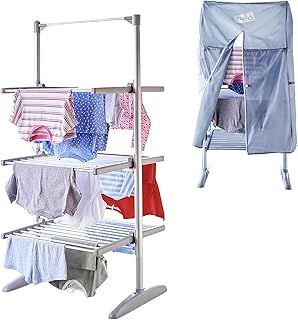 XL Large Indoor Electric 3 Tier Airer Folding Foldable Laundry Clothes Horse Portable Heated Rail Rack Dryer Cover 36 Rails 147 cm…
