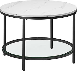 VASAGLE Coffee Table, Living Room Table, Sofa Cocktail Table Faux Marble Round, Tempered Glass Storage Shelf, Easy to Assemble, Modern Style, for Living Room, Marble White and Ink Black LCT072W13
