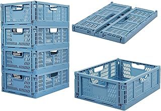 4 Pack Plastic Storage Crates Foldable Shelf Storage Basket Bins for Food Fruit Vegetables Snacks Bottles Toys Toiletries, Home Kitchen Office Storage Box Pantry Organization Cabinet Organizer