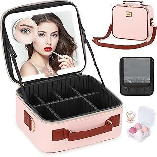 Travel Makeup Bag With LED Mirror Make up Case with Lighted Mirror Portable Cosmetic Organizer Bag with Adjustable Dividers, Brush Holder and Makeup Sponge Set Vanity Case for Women, Pink,