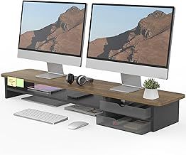 Fenge Dual Monitor Stand Riser with 2 Acrylic Storage Drawer 108cm Large Monitor Stands for PC/Laptop/Fax/Printer/TV Screen, Whole Piece Board, Brown+Black