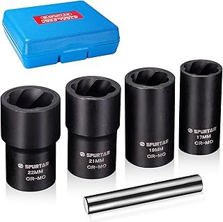 Spurtar Locking Wheel Nut Removal Tool, 1/2” Drive Twist Socket Set Lug Nut Remover Socket Tool for Removing Damaged, Rusted, Rounded-Off Bolts 5Pcs 17mm,19mm,21mm,22mm Socket with 1PCS Bar