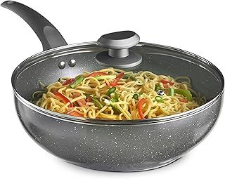 VonShef Non-Stick Wok, Induction Safe Non-Stick Frying Pan, Deep Aluminium Stir Fry Wok with Glass Lid & Stay Cool Handle, 28cm Diameter & Marble Finish