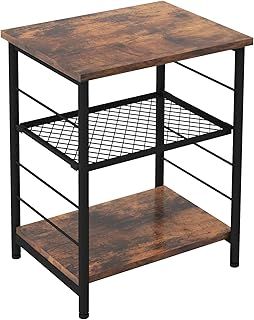 COSTWAY Sofa Side Table, 3-Tier Industrial Nightstand Bedside End Table Record Player Stand with 4-Level Adjustable Mesh Shelf, Metal Frame Wooden Narrow Accent Tea Table for Living Room and Bedroom