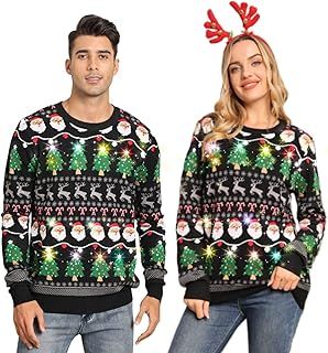 Belovecol Unisex LED Light Up Christmas Jumper Ugly Xmas Sweater Funny Printed Knitted Holiday Pullover for Men and Women