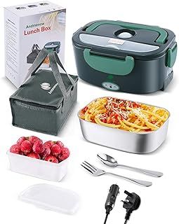 Andmenow 80W Faster Electric Lunch Box Update, Home Office Truck Car Food Warmer, Portable Food Heater with 304 Stainless Steel Container, Spoon & Fork and Carry Bag (GreyGreen)