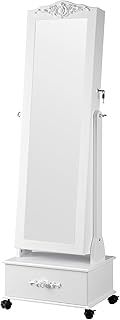 SONGMICS JBC61W Jewellery Cabinet with Wheels and LED Lighting, Lockable, White,156 x 45 cm