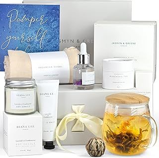 Jasmyn & Greene Self Care Birthday Gifts for Women - Blooming Flower Tea Set Gifts for Mum with Glass Tea Mug and Relaxing Pashmina Shawl, Spa Pamper Hampers for Women, Get Well Soon Gifts for Her