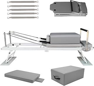 Pilates Reformer Machine Set, Foldable Pilates Equipment for Home Workout, Pilates Reformer Stretching Training Bed with Pilates Sitting Box, Springboard and Additional 5 Stainless Steel