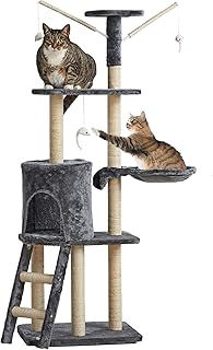 Milo & Misty Cat Tree – 146cm Play Cat Tower with Sisal Scratching Posts for Indoor Kittens, Multi Level House, Large Climbing Frame with House, Ladder and Hammock – Grey