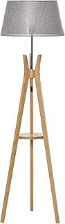 HOMCOM Natural Wood Tripod Floor Lamp Light E27 Base Bedroom Living Room Fabric Shade Storage Shelf Foot Switch, 156cm, Grey
