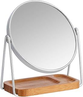 Amazon Basics Round Dressing Tabletop Mount Mirror with Rectangle Bamboo Tray -1X/5X Magnification, Chrome, 18.3L x 8.5W cm