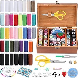 196 Pcs Sewing Accessories Wooden Sewing Box with Sewing Kit Accessories Organize Box with Needle Thimble Pin Cushion Button for Travel, Camping, Home DIY