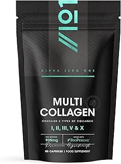 Multi Collagen Capsules – Types I, II, III, V & X – 90 Capsules – Wild Caught Marine, Grass Fed Bovine, Eggshell & Free-Range Chicken Collagen Powder, with Hyaluronic Acid & Vitamin C – by Alpha01