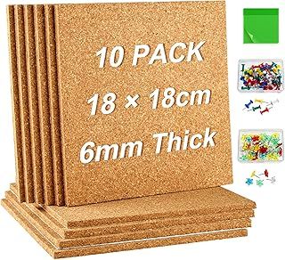 PLULON 10 Pack Cork Boards for Wall 18x18cm, 6mm Thick Self Adhesive Square Cork Board Tiles Bulletin Boards with 100 Push Pins 50Pcs Sticky Notes for Home School Office