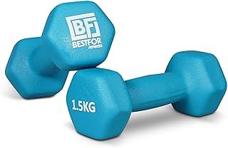 Bestfor Pair of 1.5kg Hex Anti Roll Non Slip Neoprene Dumbbell Weights For Exercise, Fitness, Workouts, Lifting with Exercise Chart