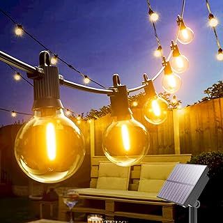 Kawaya Garden Lights Solar Powered Waterproof with USB Charging, 15M/50FT Festoon Light Outdoor String Lights with 25+2 LED Bulbs Warm White for Patio Balcony Gazebo Fence