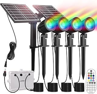Linke Solar Spot Lights Outdoor Garden, 4 in 1 Colour Changing Led RGB Solar Powered Spotlights IP66 Spike Lights Remote Control Dusk to Dawn Landscape Spotlight for Yard Patio Lawn