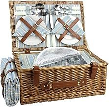 HappyPicnic Wicker Picnic Basket Set for 4 Persons - Large Willow Hamper with Large Insulated Cooler Compartment, Free Waterproof Blanket and Cutlery Service Kit-Classical Brown
