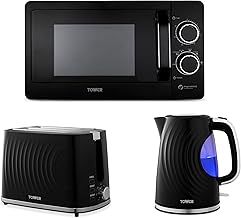 Tower Sonar 1.7L 3KW Kettle, 2 Slice Toaster & T240242BLK 800W 20L Microwave in Black. Stylish Kettle, Toaster Set & Microwave Set