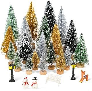 26Pcs Mini Christmas Tree Bottle Brush Trees, Christmas Village Sets with Resin Mini Christmas Ornaments, Miniature Artificial Christmas Trees for DIY Crafts Christmas Table Decorations