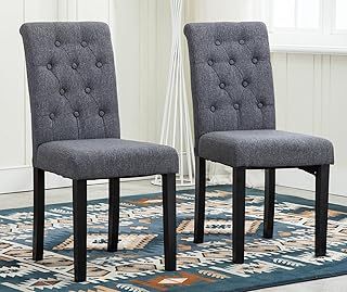 Set of 2 Lined Fabric Dining Chairs With Solid Wooden Legs For Home & Commercial Restaurants [Brown* Blue* Red* Grey*] (Grey)
