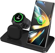 3 in 1 Wireless Charger, 15W Fast Wireless Charging Station Stand for Samsung Galaxy S25/S24/S23/S22/S21/S20/S10/S9 Series,Note 20/10, Galaxy Buds Pro/Live, Galaxy Watch7/6/5 Pro/5/4/3/Active 2,Black