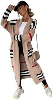 Women's Cardigan Striped Color Matching Long Sleeved Casual Loose Fitting Long Cardigan Knitted Sweater Open Front Loose Coat - Multiple Colors (Size UK 8-18)
