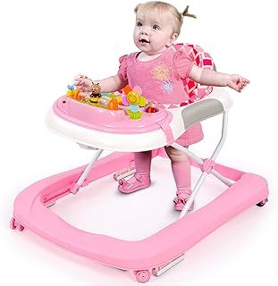 Baby Walker, 2 in 1 Foldable Height Adjustable Walker with Music and Lights, Converts to Baby Push Along Walker and Kids Feeding Seat with Removable Play Tray, Suitable for 6 Months+, Grey