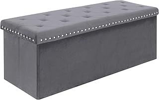 Grey Velvet Ottoman Storage,Extra Large End of Bed Storage Box with Lids,Footstool Folding Ottoman Bench Window Seat with Rivet,110x40x40cm