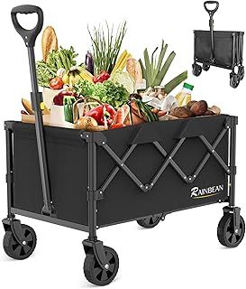 RAINBEAN Festival Trolley on Wheels Folding Wagon Foldable Trolly Heavy Duty Shopping Cart Utility for Camping Garden Beach Sports Fishing, Black (100L)